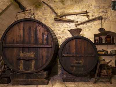Sui muri sono invece appesi grandi aratri utilizzati dai buoi oltre a zappe e attrezzi per il travaso del vino nelle grosse botti sottostanti